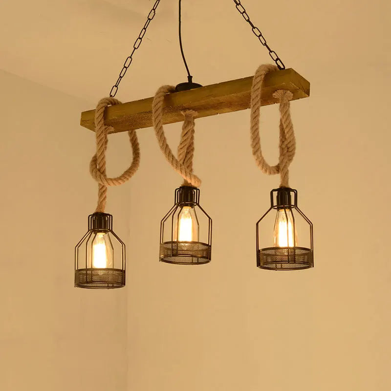 Retro industrial chandelier with 3 heads in wood and hemp rope
