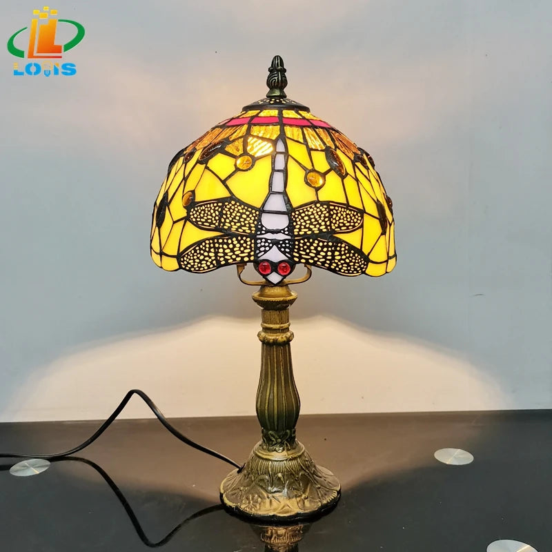 Antique enamelled tiffany table lamp for children with metal base