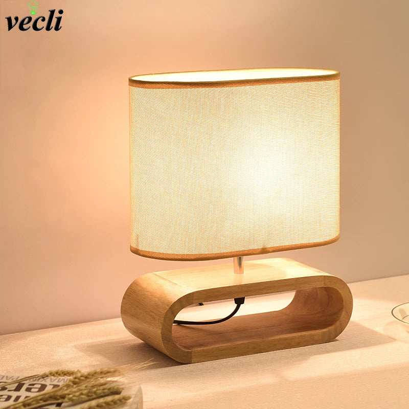 Modern Nordic wooden table lamp with linen shade
