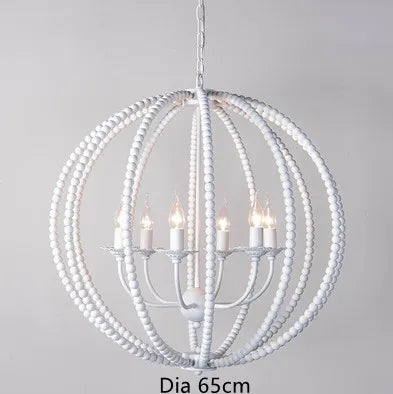 Round rustic retro chandelier in white iron with wood beads - vue 9 sur 11