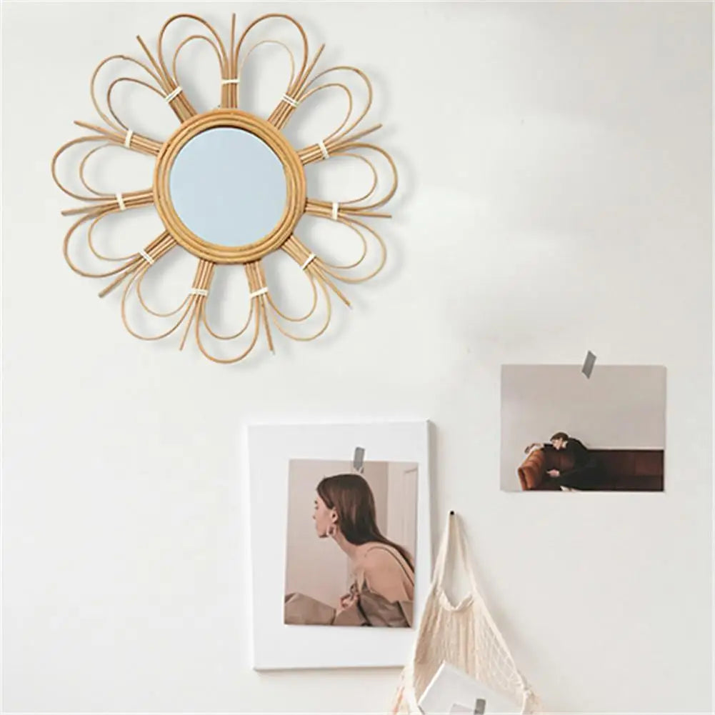 retro wicker wall mirror for home decor - vue 3 sur 7