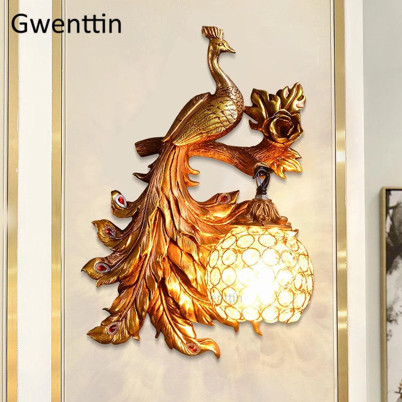 Vintage gold decorative crystal peacock wall light