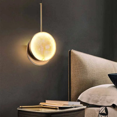 Round two-light natural marble LED pendant for indoor decoration - vue 4 sur 8