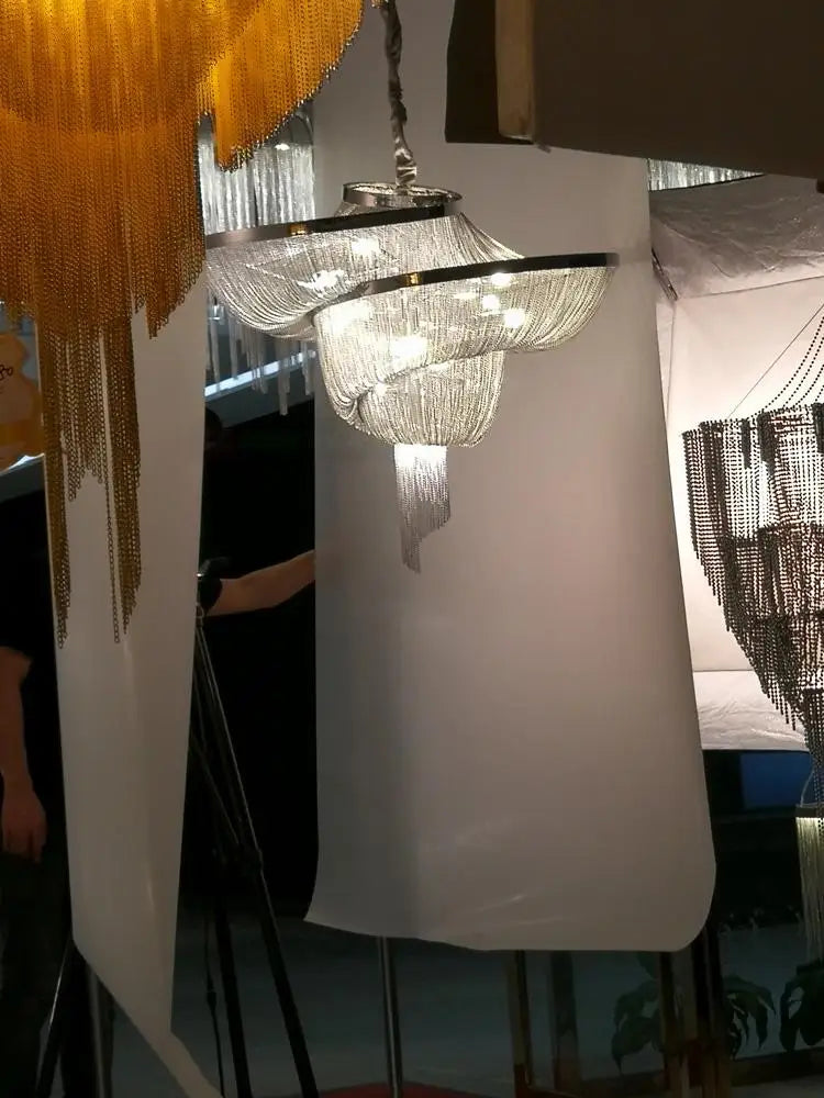 Retro vintage aluminium chandelier with gold and chrome chain