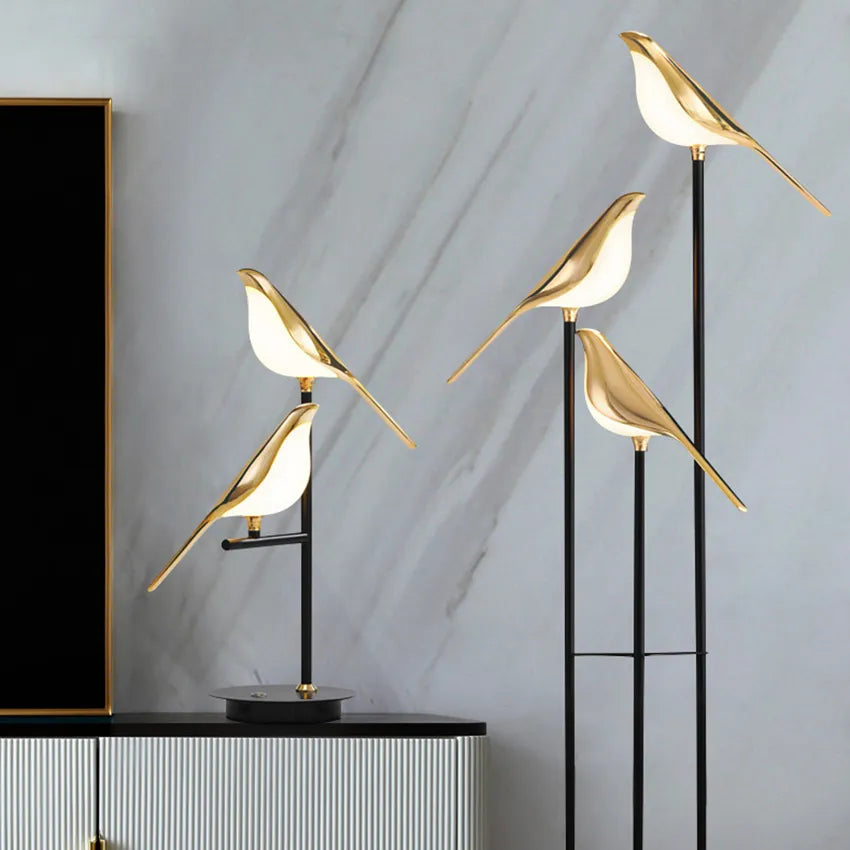 Design LED table lamp with gold bird, alloy and acrylic for bedroom, study, living room, floor lamp