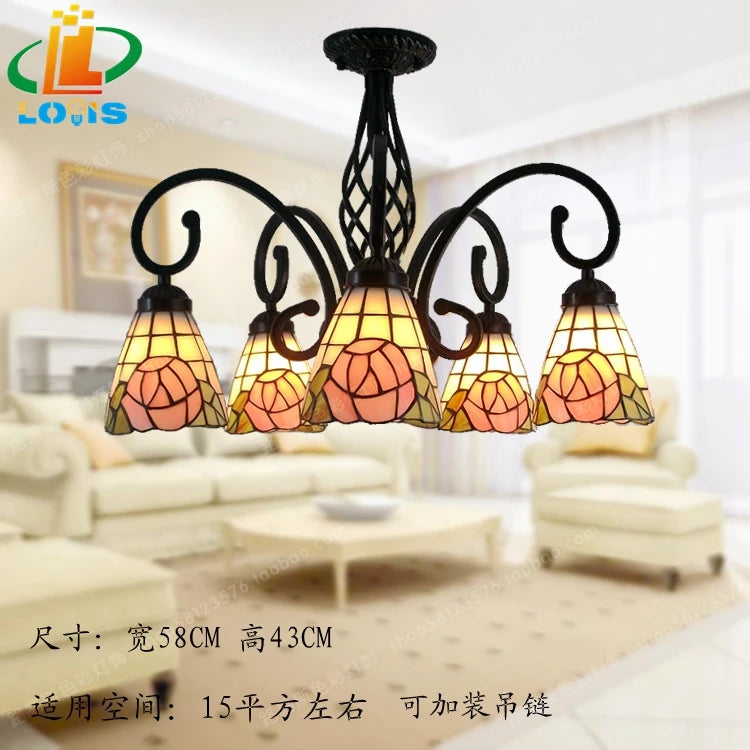 Iron ceiling light with trendy Tiffany glass rose flowers