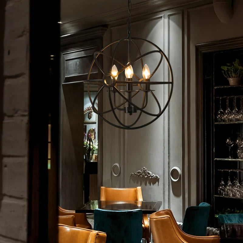 Vintage industrial style wrought iron sphere chandelier