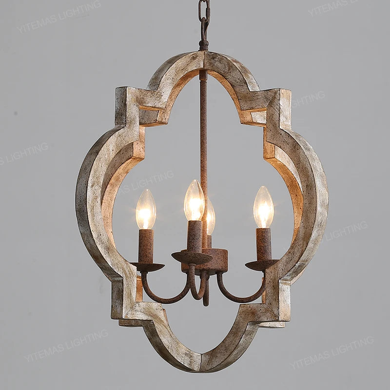 Vintage solid wood chandelier, French American retro style, white, 4 lights