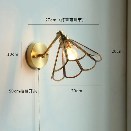 Modern glass LED wall light with pull chain switch for bathroom and bedroom, nordic copper - vue 18 sur 23