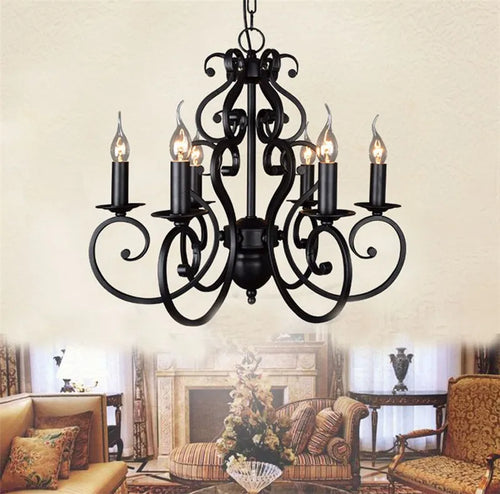 Vintage black wrought iron chandelier for indoor lighting - vue 6 sur 6
