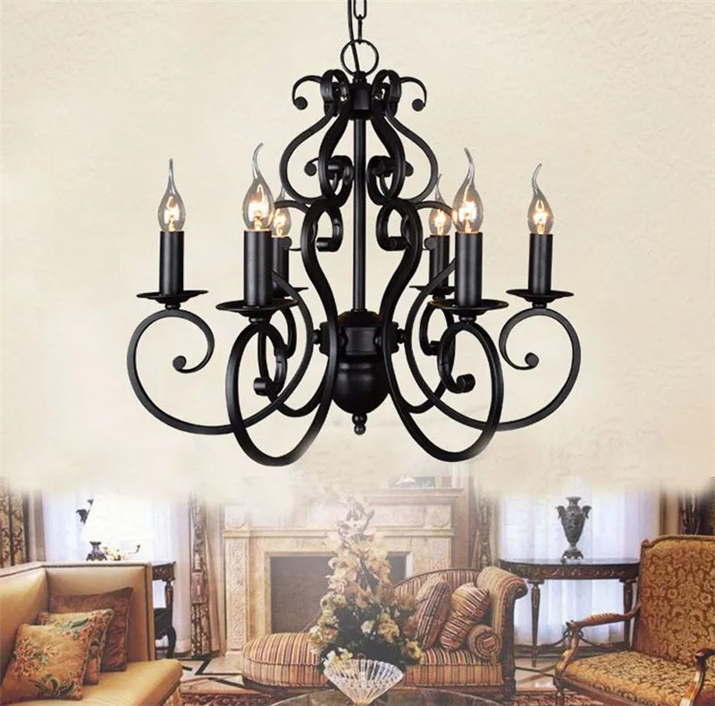 Vintage black wrought iron chandelier for indoor lighting - vue 5 sur 6