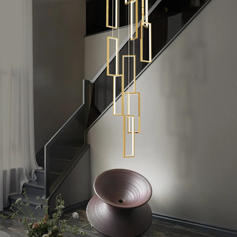 Modern rectangular copper LED chandelier for staircases and lofts - vue 4 sur 15