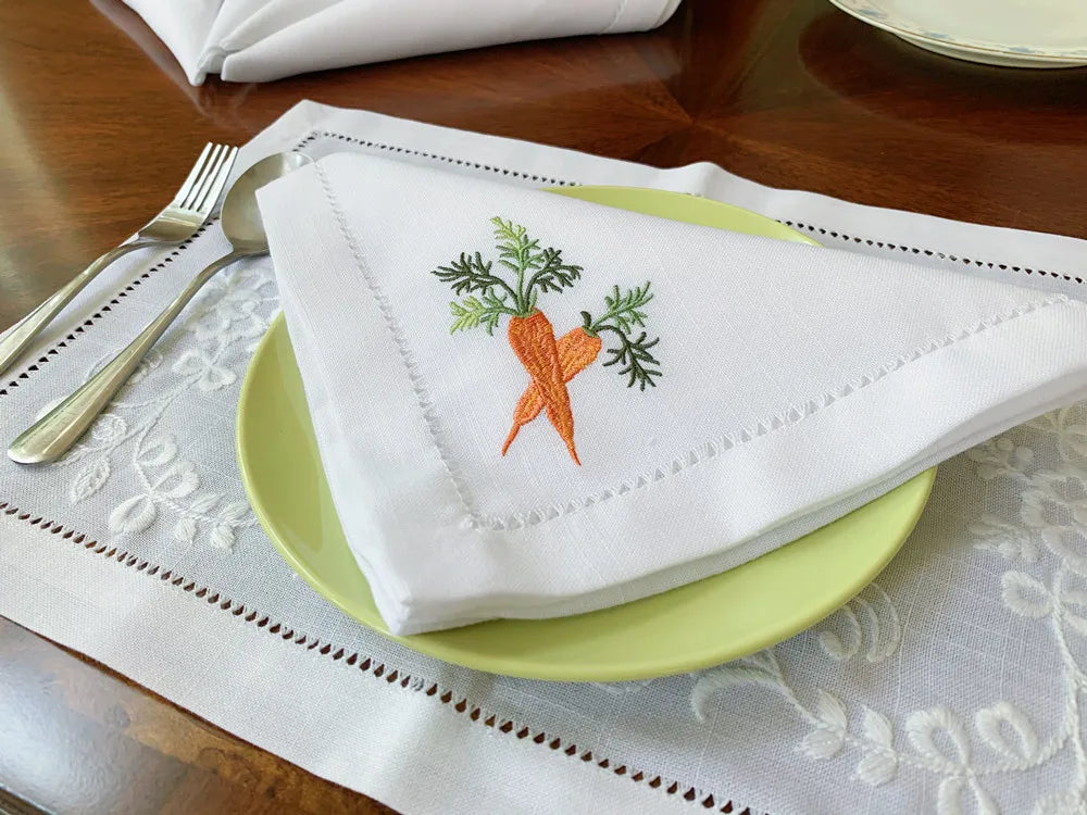 Embroidered vegetable napkin with hemstitched edge