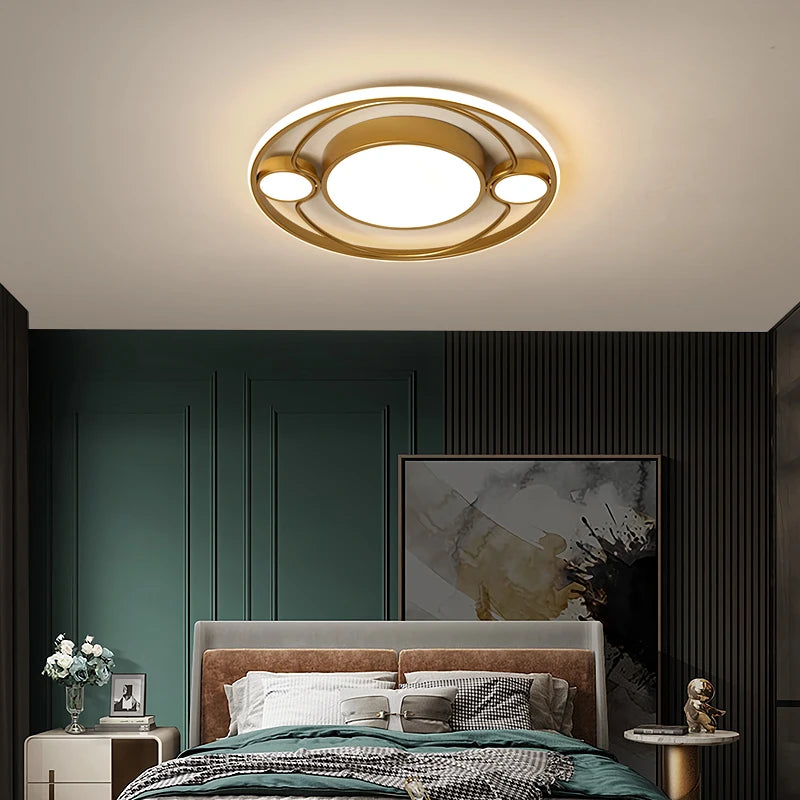 Round gold LED ceiling light with remote control for all rooms