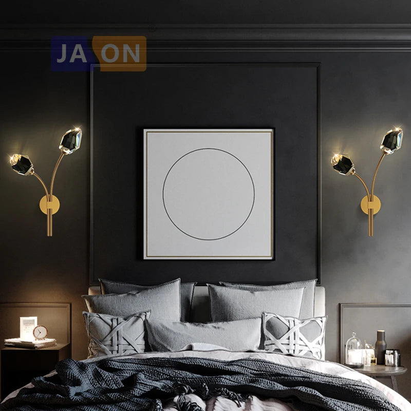 Designer black copper, gold, crystal and stone wall light