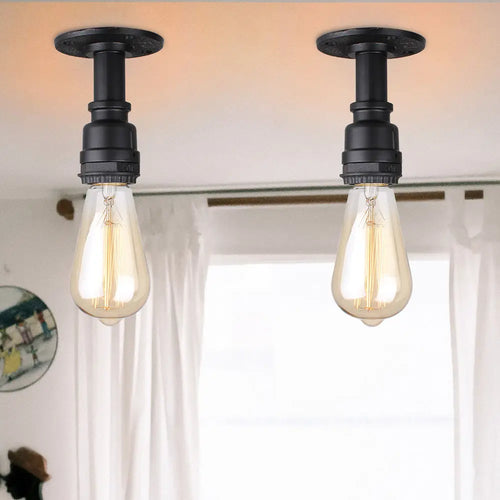 Retro industrial iron pipe ceiling light, vintage E27 surface mounted loft fixture - vue 10 sur 10