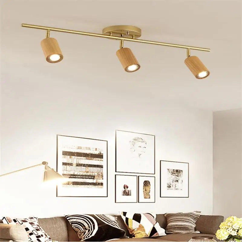 Modern wooden LED ceiling light with multiple heads - vue 5 sur 14