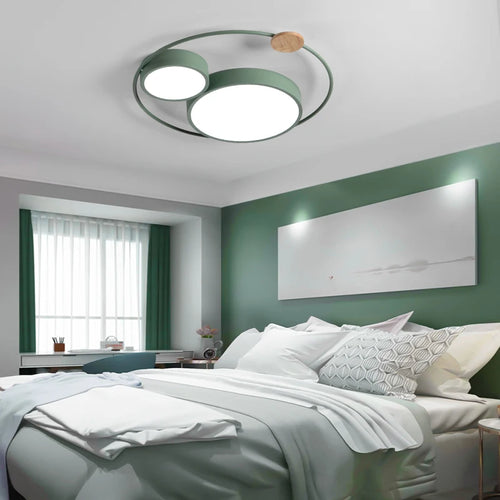 Nordic LED ceiling light with round macaron design in acrylic and wood - vue 3 sur 14