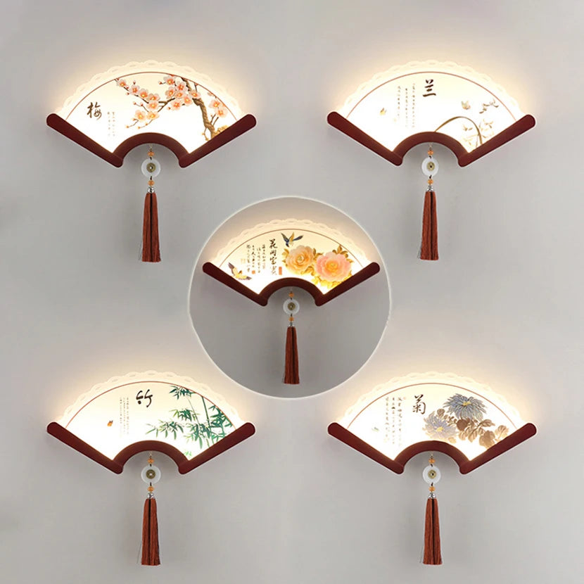 Decorative retro Asian design LED wooden fan wall light