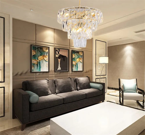 Round gold steel chandelier with crystal LED lighting - vue 7 sur 8