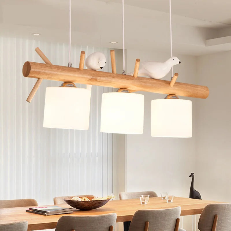 Nordic wood chandelier with glass bird lighting, 2 or 3 heads