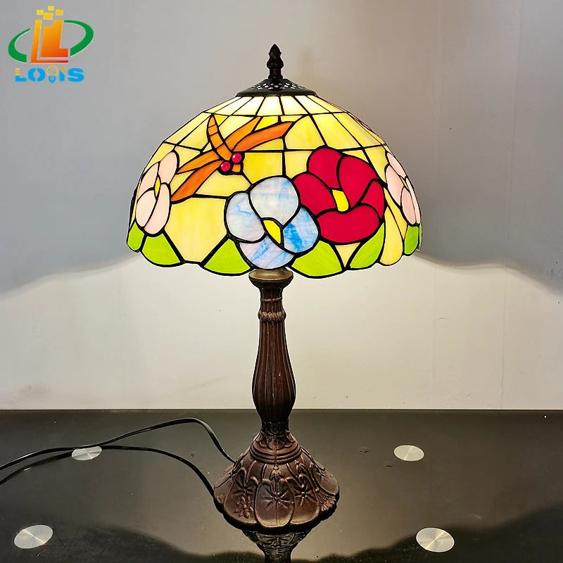 Tiffany style table lamp with flowers and dragonflies decorative