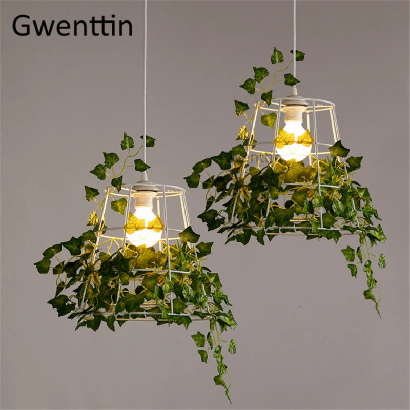 Modern bird cage pendant light with decorative plants
