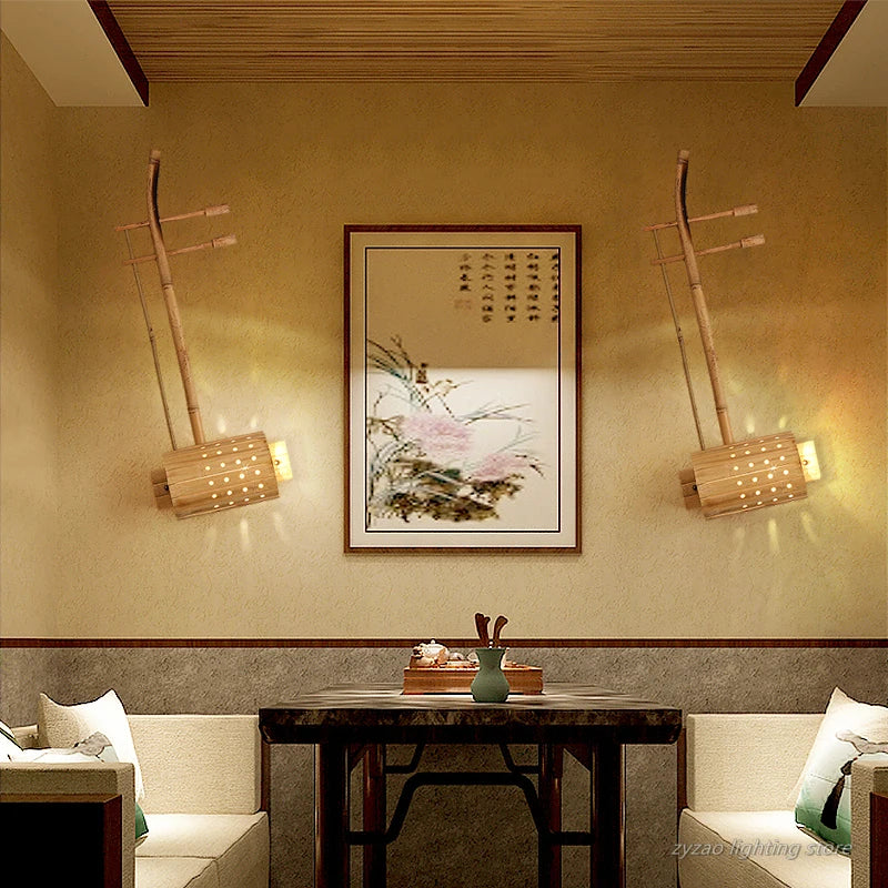 Retro woven bamboo wall light japanese style - vue 5 sur 10