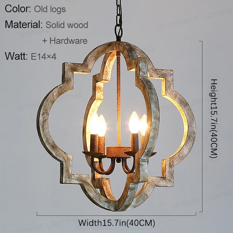 Vintage solid wood chandelier, French American retro style, white, 4 lights