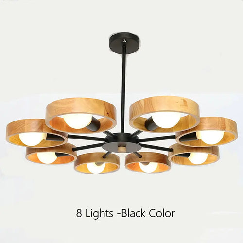 Nordic wooden chandelier lamp for living room, bedroom and dining room, round wood lampshade, black E27 pendant light - vue 13 sur 12