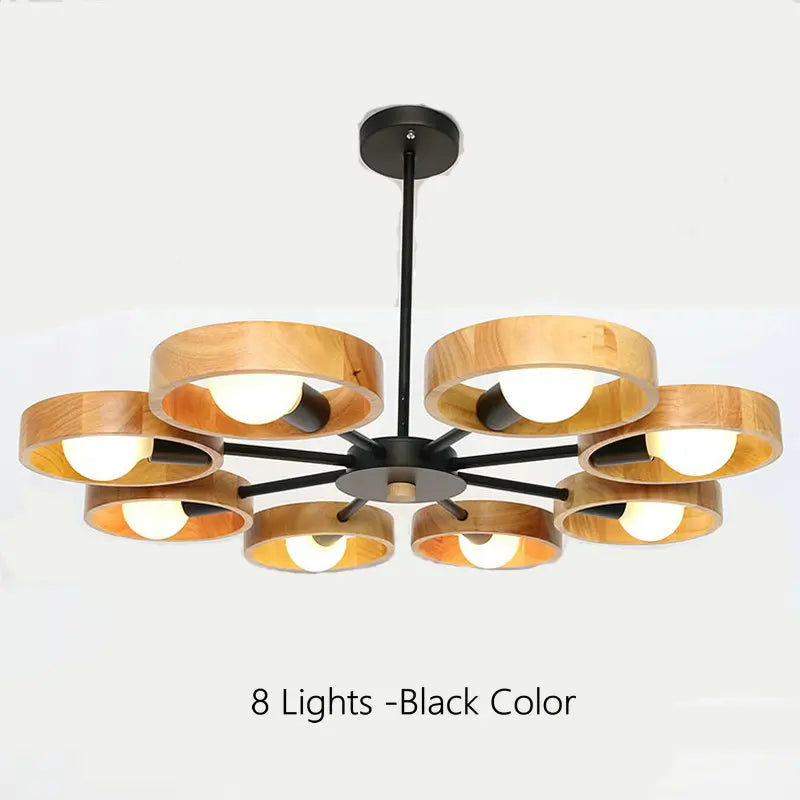 Nordic wooden chandelier lamp for living room, bedroom and dining room, round wood lampshade, black E27 pendant light - vue 12 sur 12