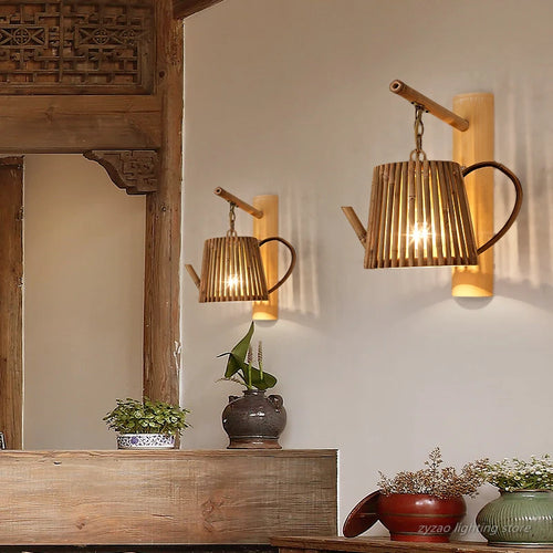 Retro woven bamboo wall light japanese style - vue 3 sur 10