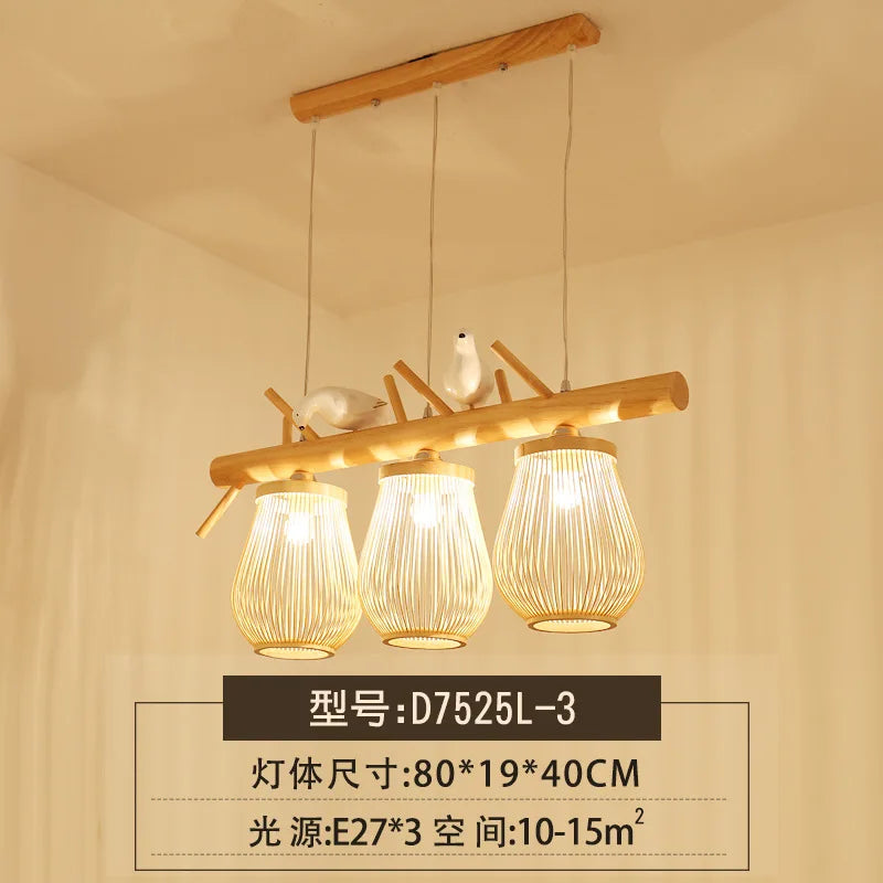 Modern wood and bamboo pendant light with decorative bird design - vue 8 sur 10