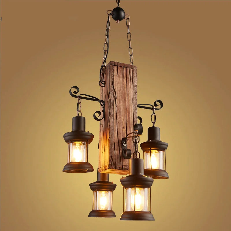 Decorative industrial wood pendant light with glass