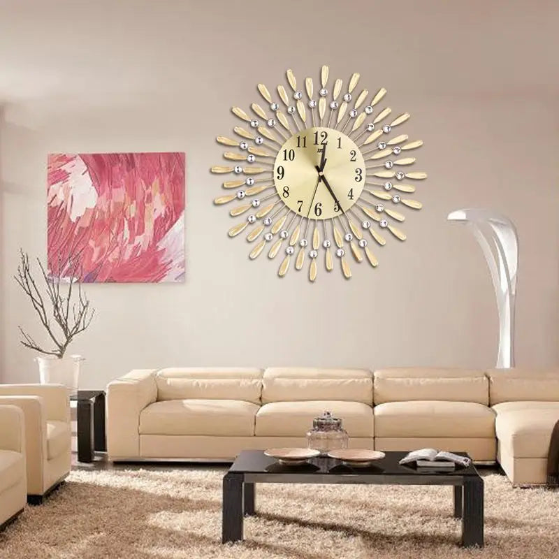 large size 3d sun style wall clock with shiny rhinestones