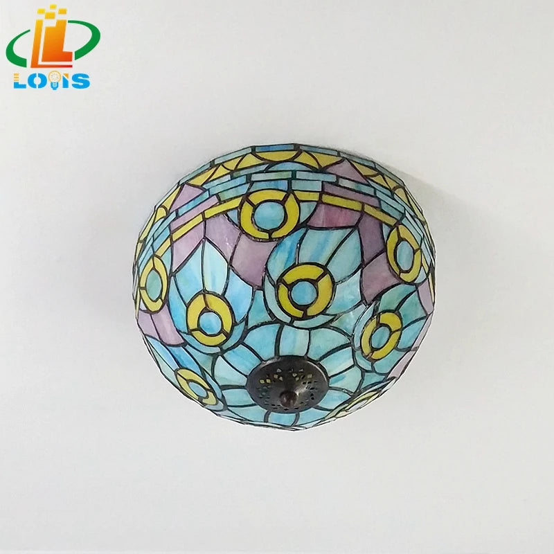 Tiffany Mediterranean art stained glass ceiling light warm and inviting - vue 6 sur 6