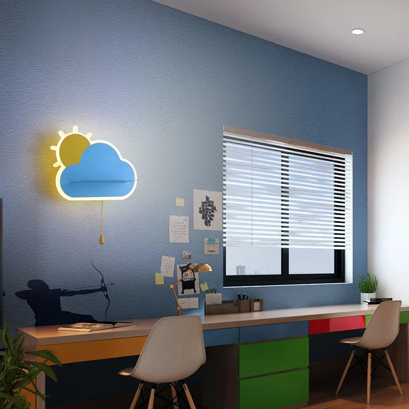 Children’s LED metal wall light with pull switch pink blue white - vue 5 sur 12