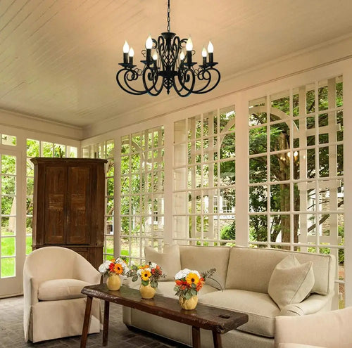 Vintage wrought iron chandelier with metal candle lights - vue 5 sur 6