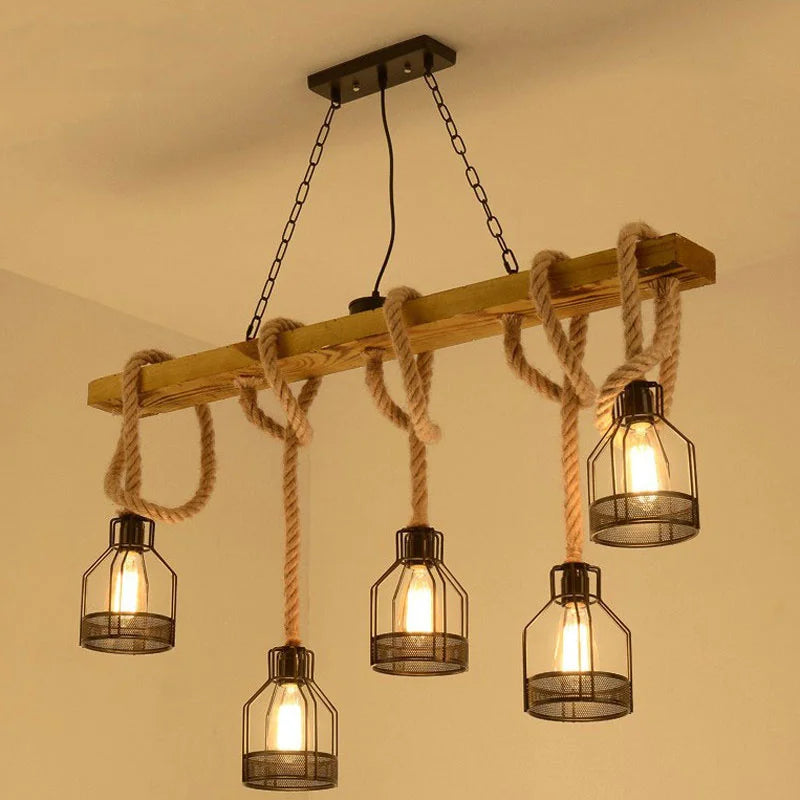 5 head loft pendant lamp with hemp rope and wood for dining room, restaurant or cafe vintage style chandelier