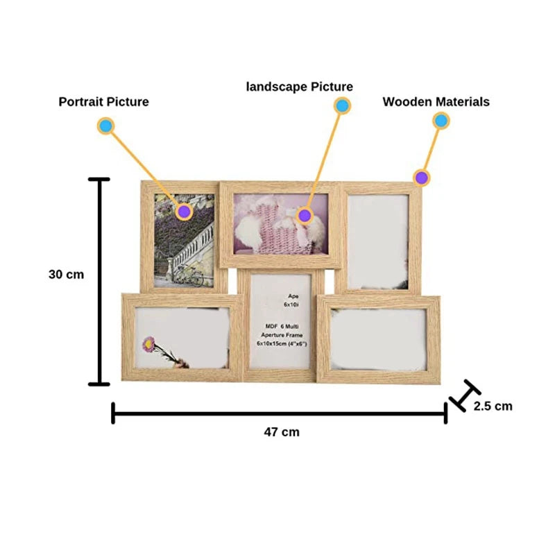 Collage Multiple Picture Frames for 6 Photos in 4 x 6 Inches Wooden, MDF Wall Mounting Frame (Natural)