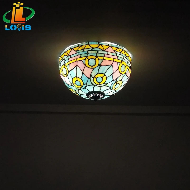 Tiffany Mediterranean art stained glass ceiling light warm and inviting