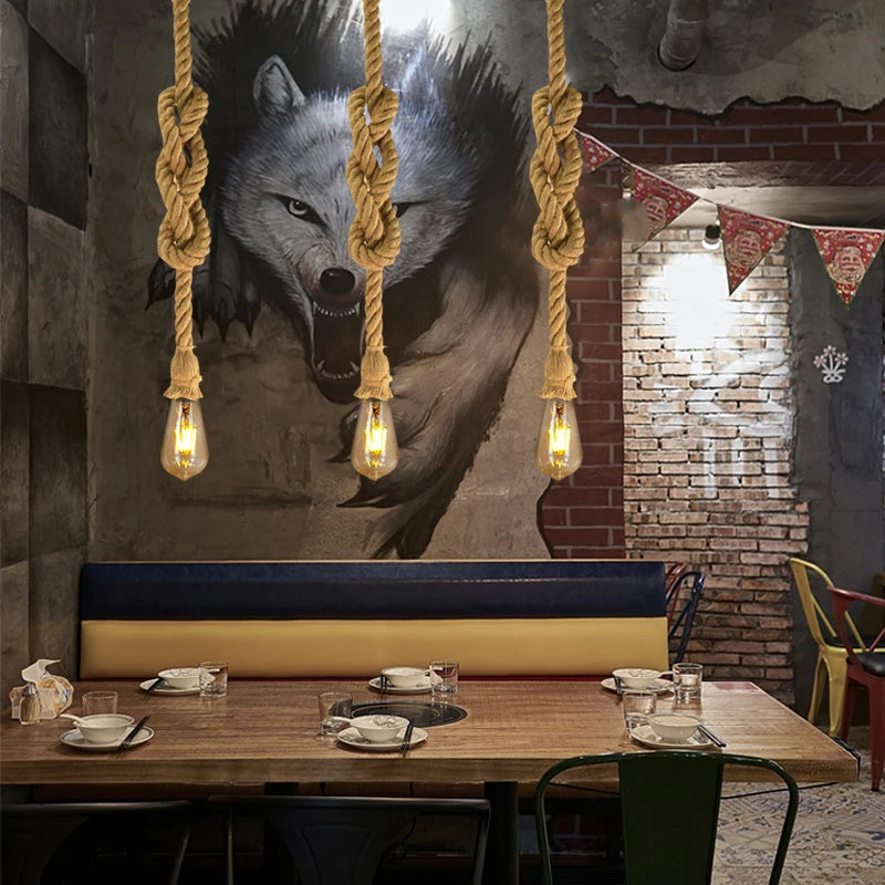 Industrial style hemp rope pendant light for café bar