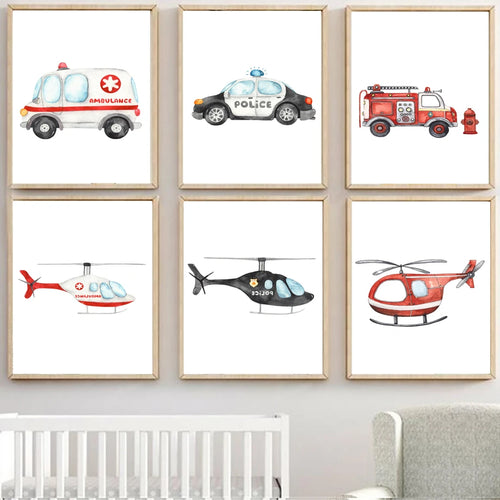Children's fire engine, ambulance and airplane wall art - vue 2 sur 5