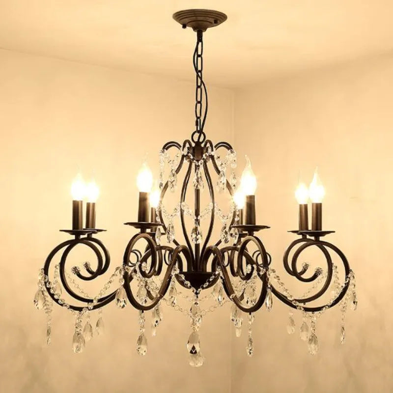 Vintage black iron chandelier with crystal for interior decor