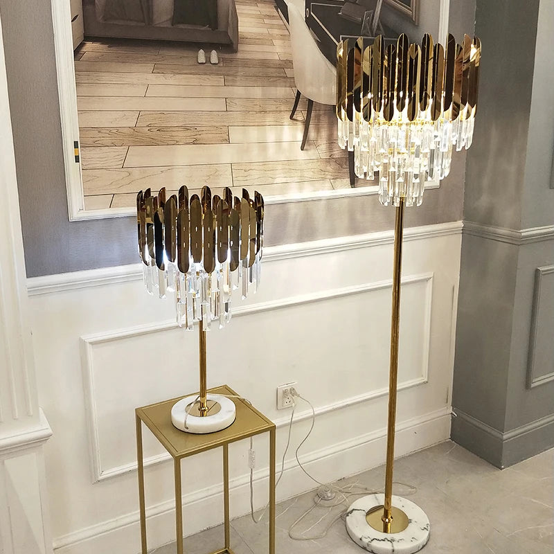 Postmodern LED lamp in stainless steel, crystal and golden marble - vue 6 sur 20