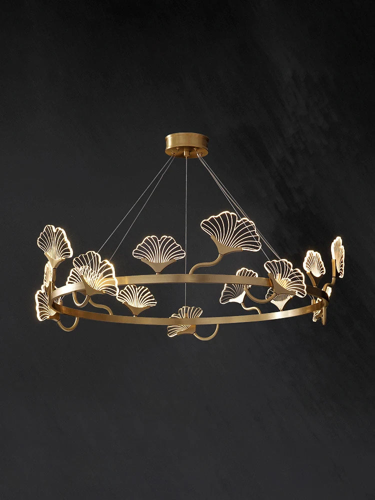 Simple copper chandelier with LED leaves Chinese style