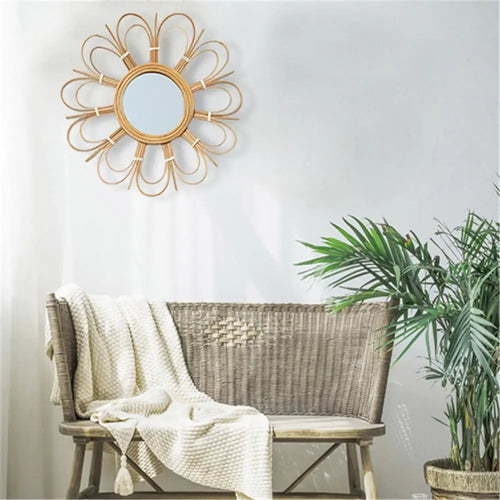 retro wicker wall mirror for home decor - vue 8 sur 7