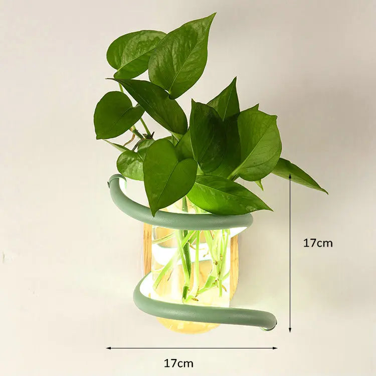 Nordic wooden wall light with green plant for a warm atmosphere