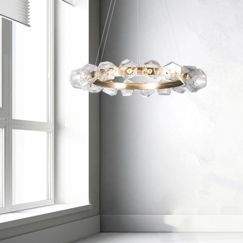 Modern round art deco LED chandelier in stone and glass - vue 5 sur 6