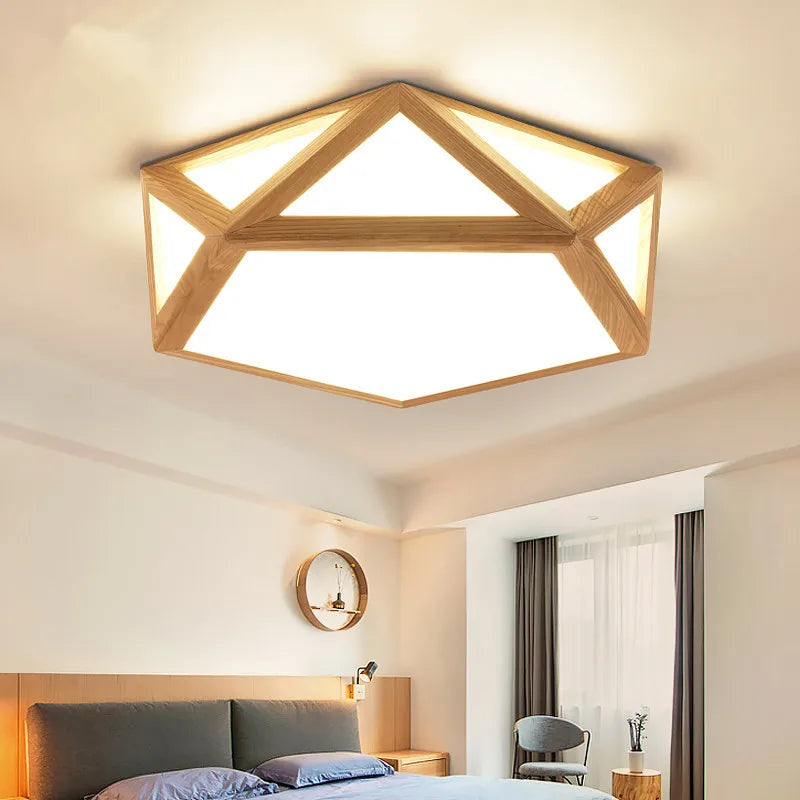 Simple Nordic geometric hollow wooden LED ceiling light